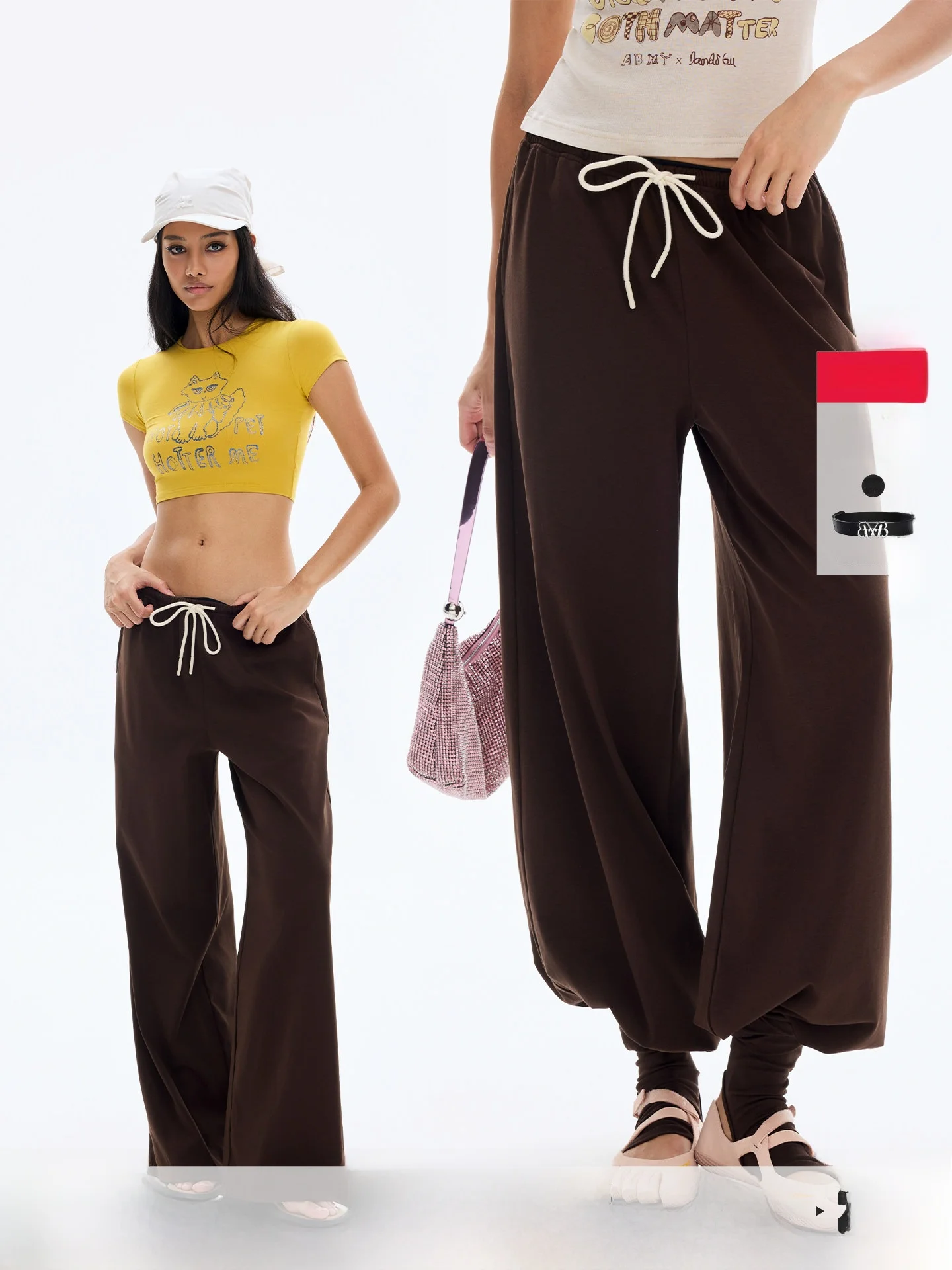 Abmy Women's Casual Drawstring Trousers Low Waist Cuffed Sweatpants Skin-Like Drapey Sexy Long Pants Comfortable Cotton Blend