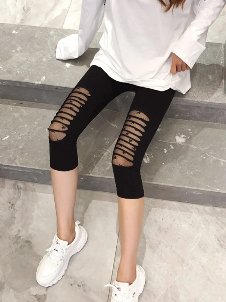 Frauen schwarze Mesh-Spitze Leggings Sommer Jeggings Hollow Love Star Bowknot Fitness Leggins elastische Sport-Gym Lady Capri