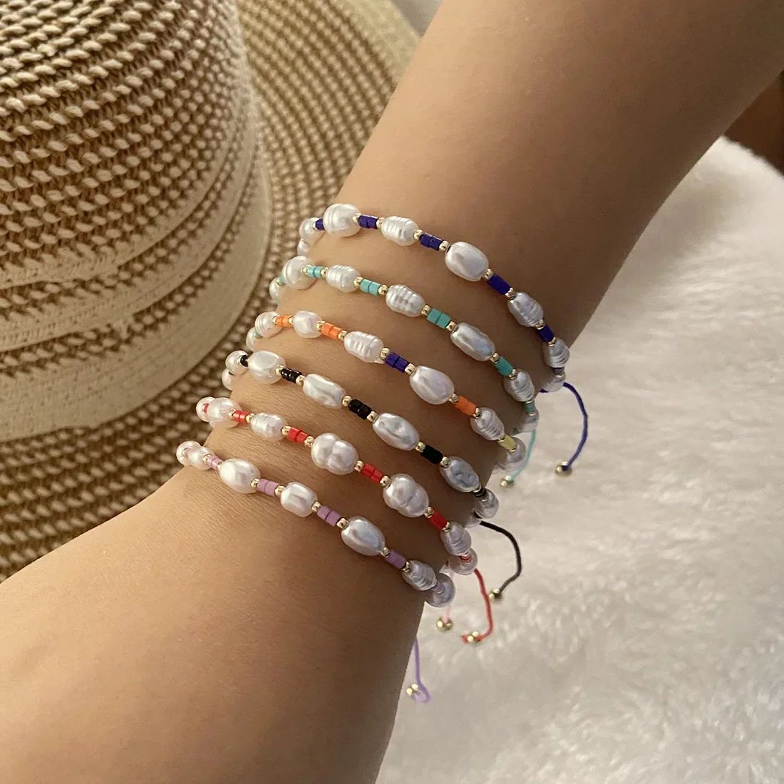 Beaded bracelet Pearl Originality Hand knitting Bohemia Adjustable Irregularity Tide Simple Colour Rice bead bracelet