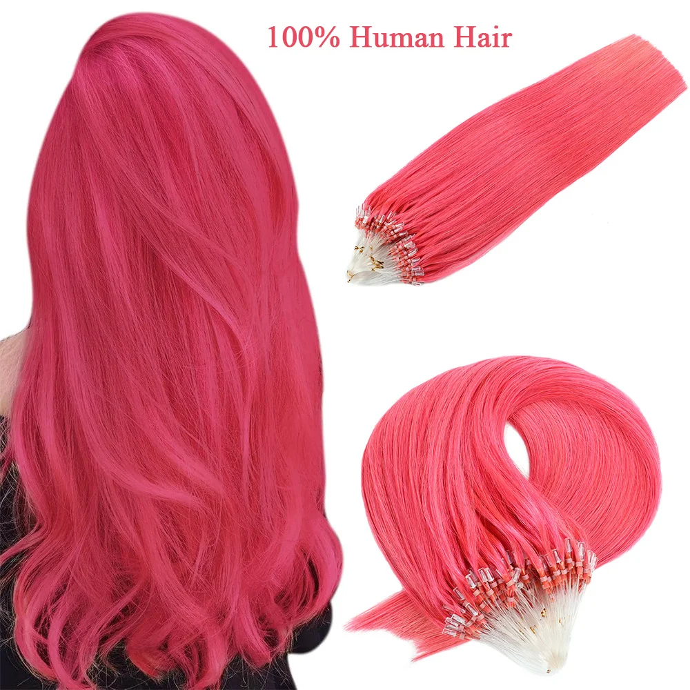 Extensions de cheveux micro perle rose vif, vrais cheveux humains, micro lien, extensions de cheveux micro boucle, micro perle invisible