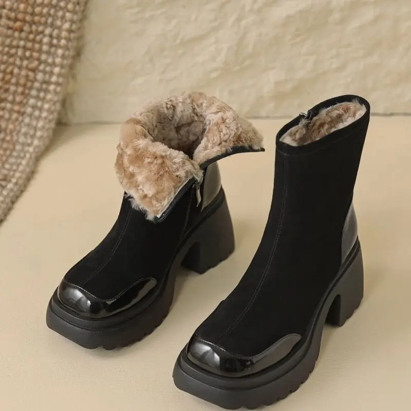 Leather Snow Boots For Women Warm Padded Shoes With Zip Thick-sole Winter Fashion Dress Waterproof Mature Ladies Motorcycle Boot