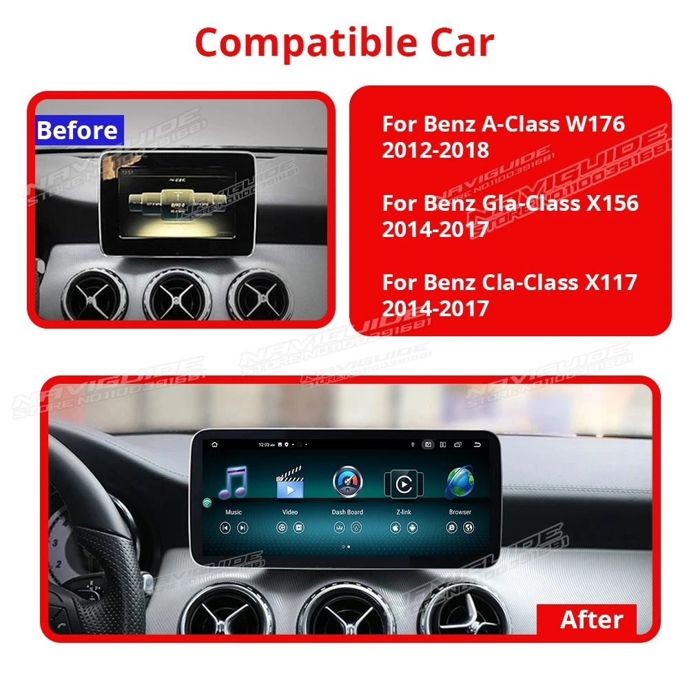 NAVIGUIDE 12.3 Inch 4+128G Carplay Android 12.0 Car Radio For Mercedes-benz A CLA GLA W176 W117 X156 GPS Navi WIFI SIM BT 8 Core