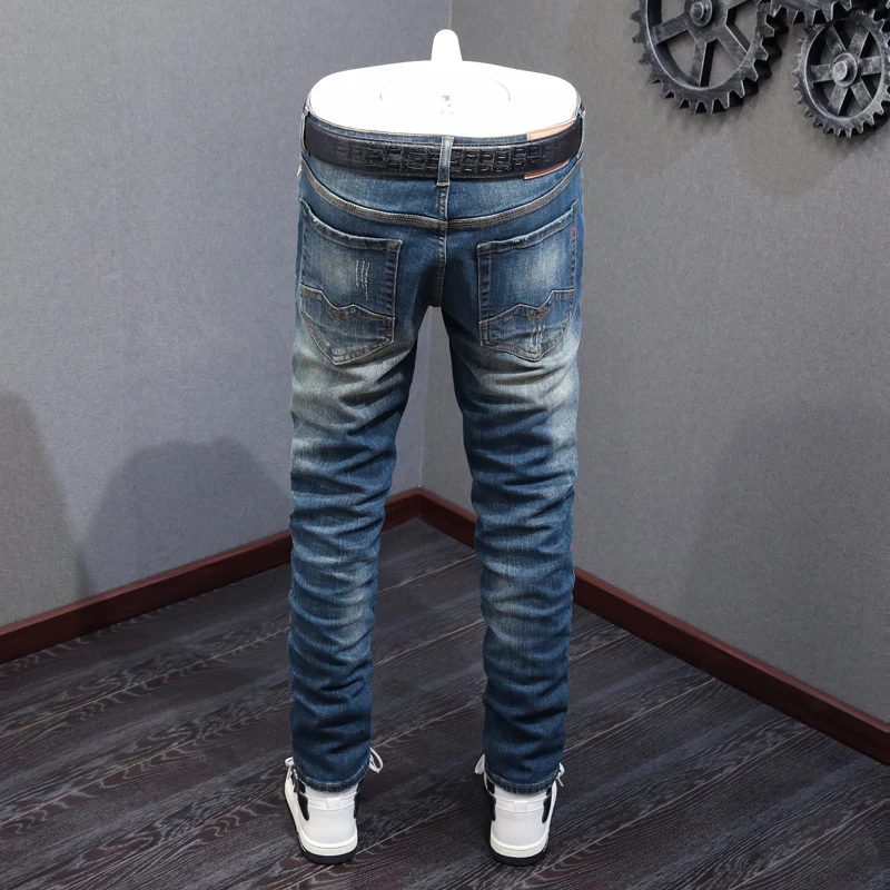 Fashionable new men's jeans, washed, nostalgic, stretchy, slim fit, retro blue jeans, designer pants, Y2K