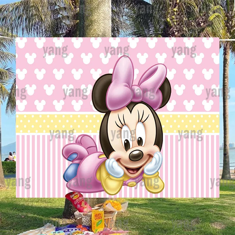 Disney Pink Baby Minnie Mickey Mouse Gender Bow Tie Cartoon Background Girls Shower Birthday Party Banner Decoration Backdrop