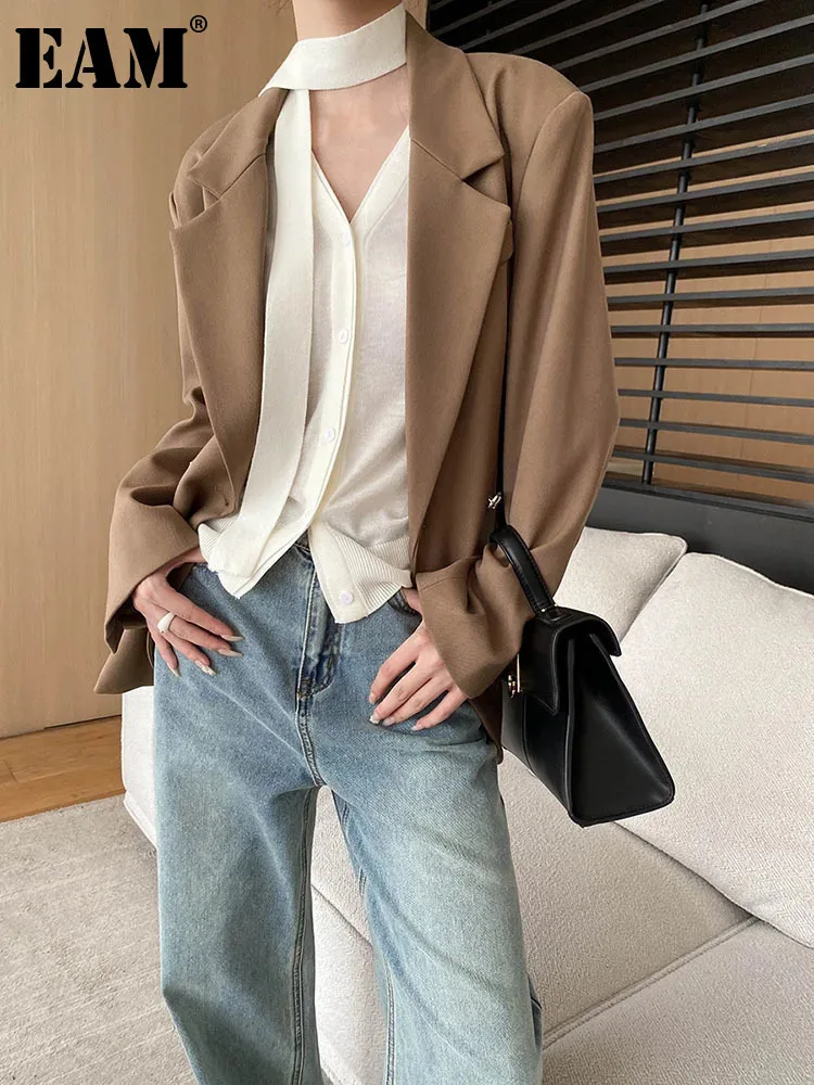 

[EAM] Women Coffee Double Breasted Big Size Elegant Blazer New Lapel Long Sleeve Jacket Fashion Tide Spring Autumn 2024 1DH6853