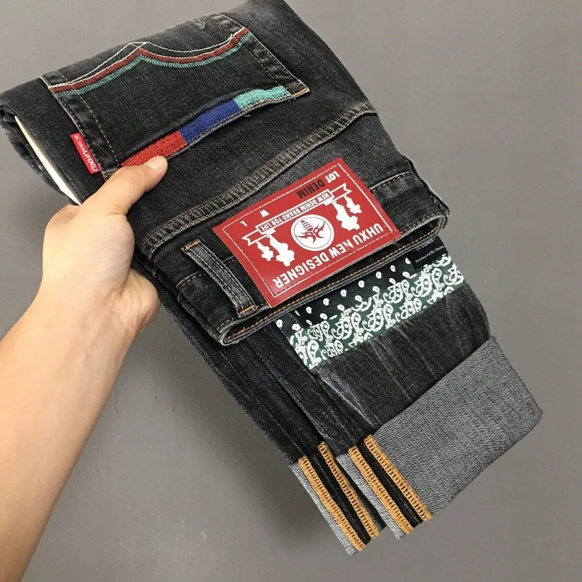 Retro American Design Slim Fit Stretchy Straight Leg Jeans Heavy Wash Trendy Patchwork Men's Jeans Youthful Popular Style