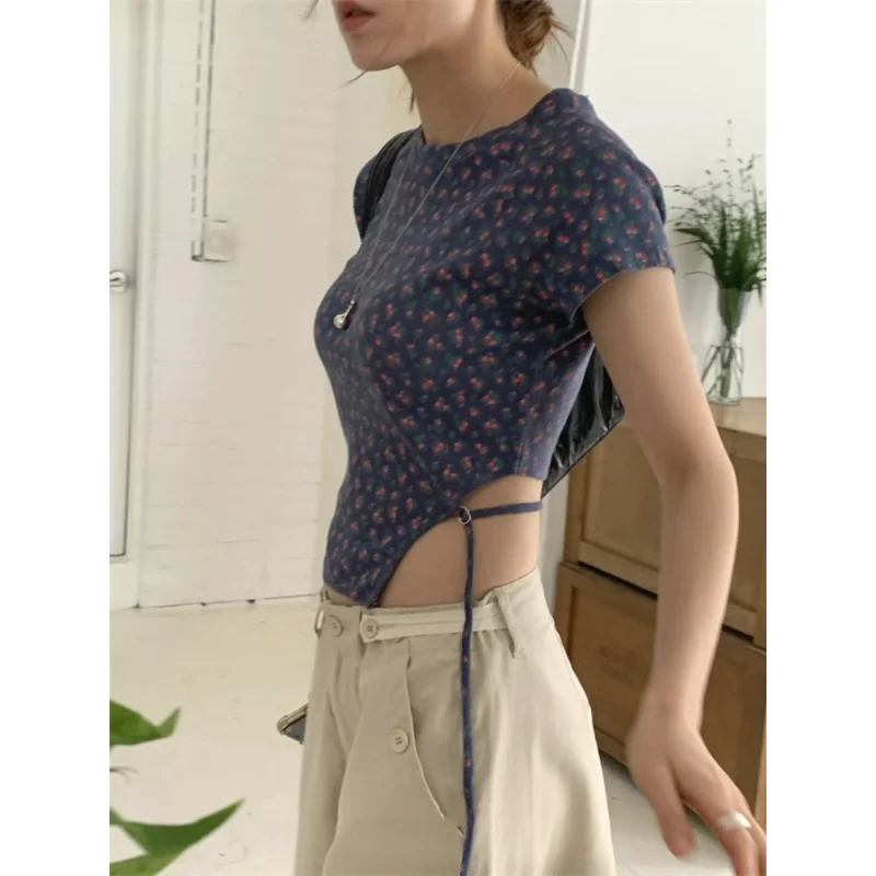 

2024 Summer for Women Crop Tops Vintage Korean Retro High Street Print Irregular Lace Up Backless T-Shirt Streetwear Tee Shirt