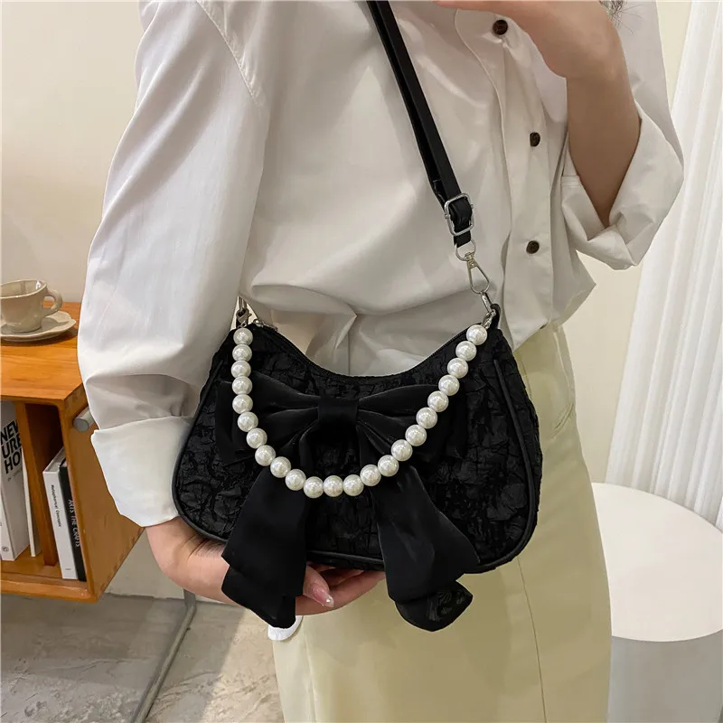 White Folds Pearl Female Bag Retro Luxury Designer Handbag Bow Crossbody Bags Fashion Y2K Vintage Women's Shoulder Bag Purses view 3
