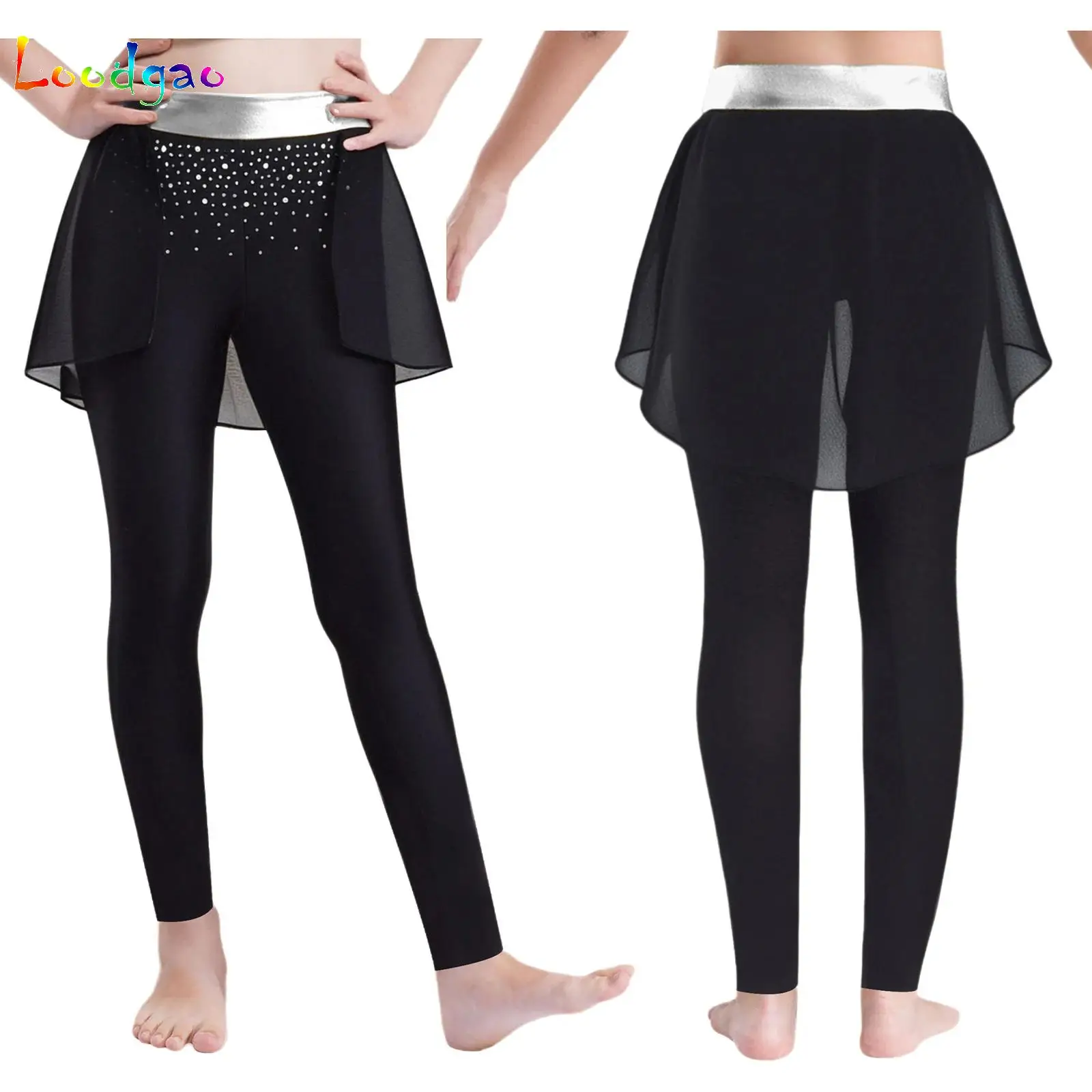 

Kids Girls Dance Figure Skating Skirted Pants Rhinestones Tights Leggings Teen Ice Skating Gymnastics Fitness Practice Trousers