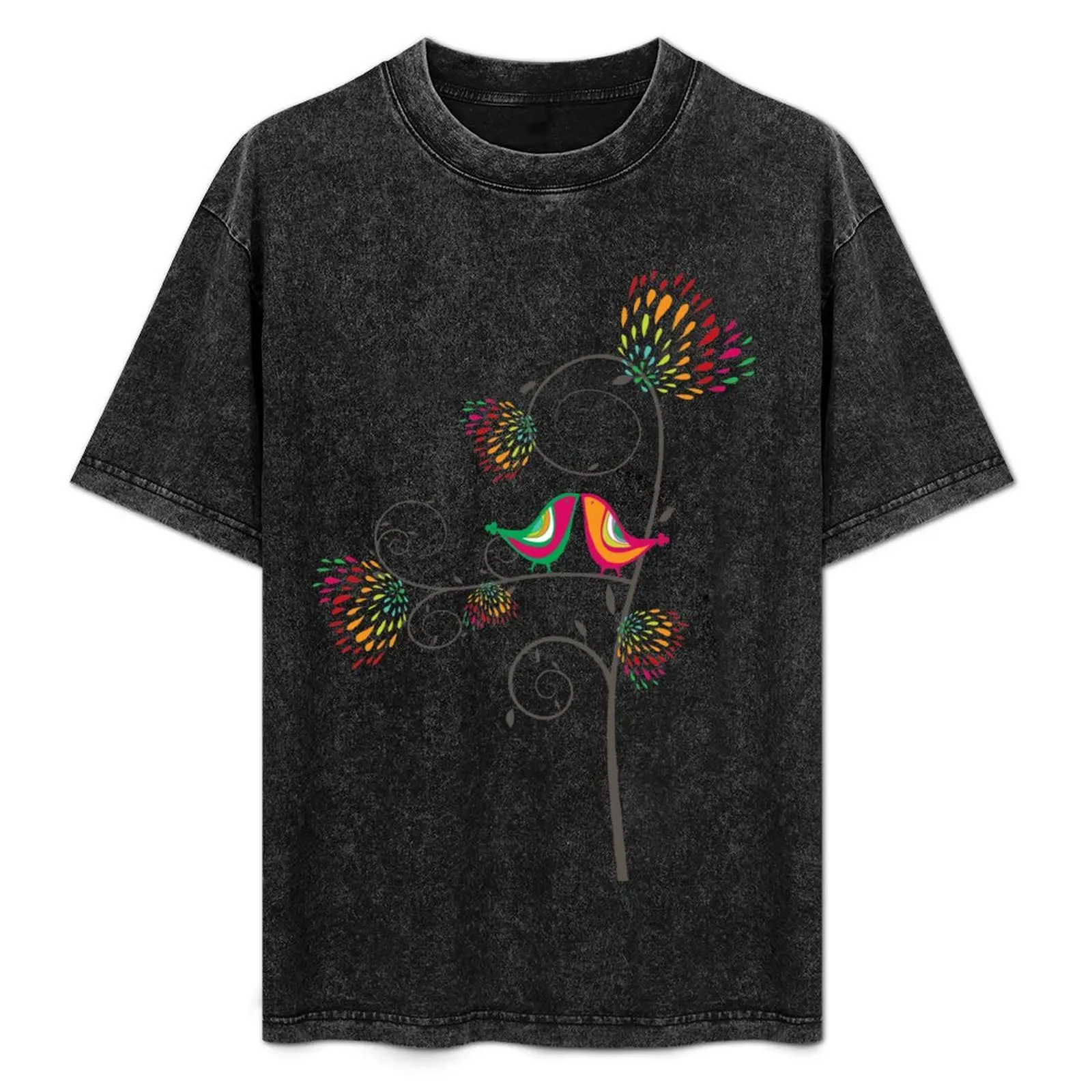

Whimsical Tropical Summer Kissing Birds with Colorful Rainbow Blooms  fatfatin T-Shirt cheap stuff quick-drying mens t shirts