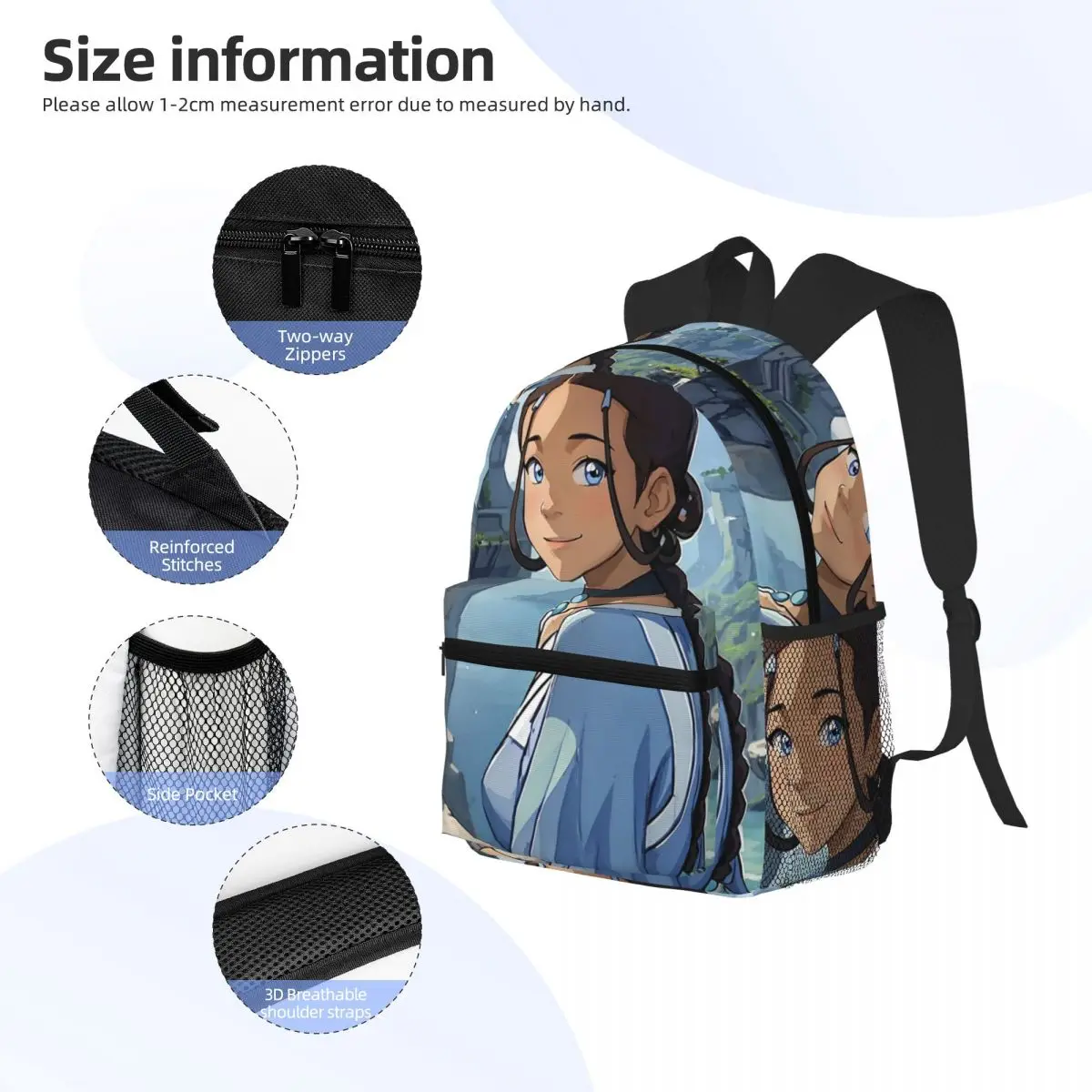 كارتون الصورة الرمزية آخر Airbender كاتارا حقيبة ظهر الطالب حقيبة مدرسية المشي لمسافات طويلة السفر Daypack للبنين بنات حقيبة الكتب حقائب الكتف