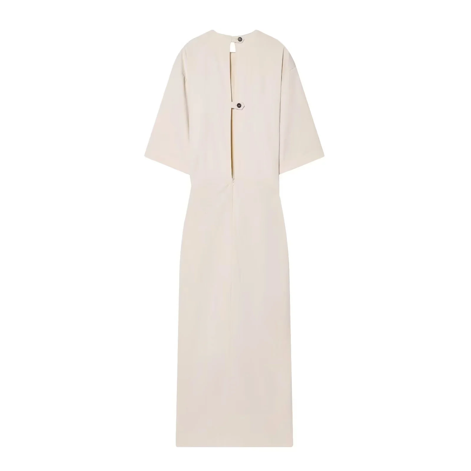 BSAY 2026 Damen Einfarbiges Rundhals-Midikleid mit Halben Ärmeln, Schmal Geschnitten, Seitlich Gerafft, Rüschen-Split, Elegantes Büro- und Formelles Kleid – Detail 6