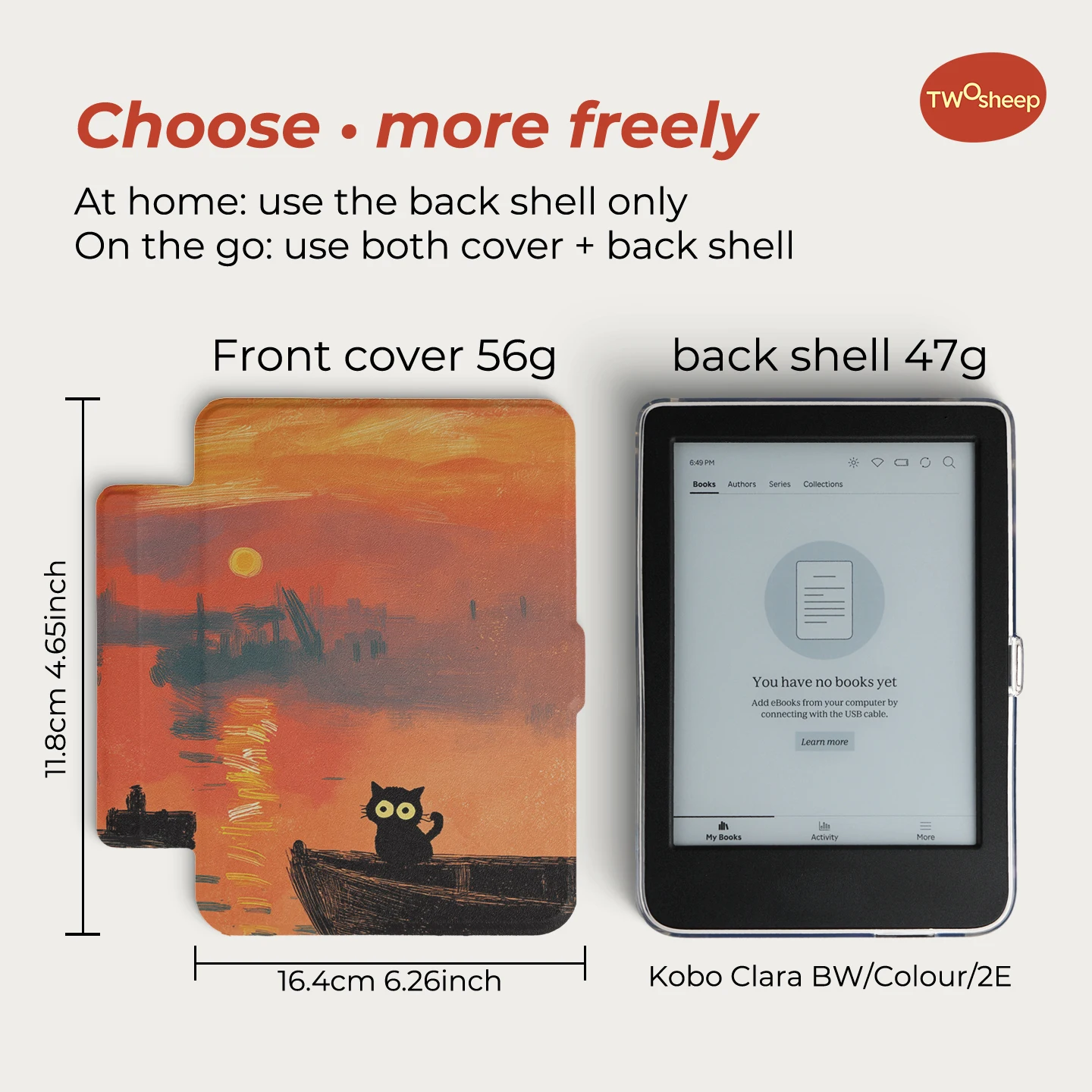 Twosheep suit for Kobo Clara BW Clara Colour Clara 2E 6inch Case Magnetic Detachable Cover Clear Back Monet Cute Cat Style view 4