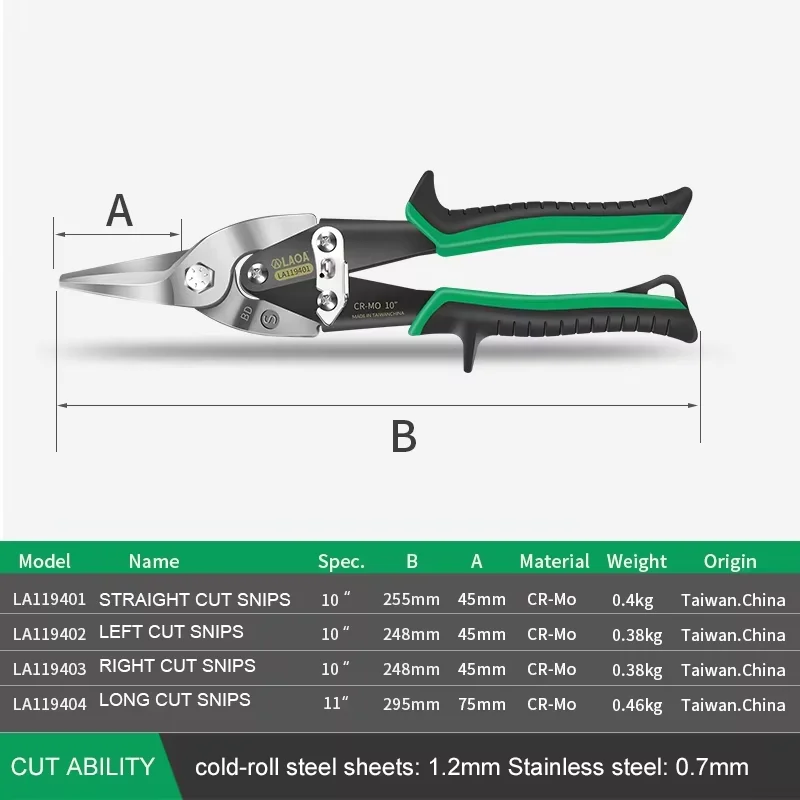 LAOA Industrial Aviation Tin Snips , 10/11 Inch Straight Left Right Long Straight Cut Sheet Metal Cutting Scissors Hand Tool