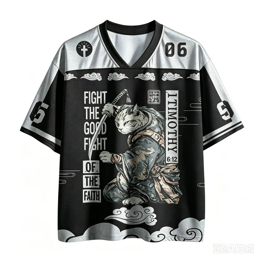 3D-Druck Herren V-Ausschnitt Locker Sitzendes Sport-Schnelltrocken-T-Shirt Sommer Neuer Stil Japanischer Katzenkrieger Lässiger Straßentrend. Eltern-Kind-Top – Detail 6