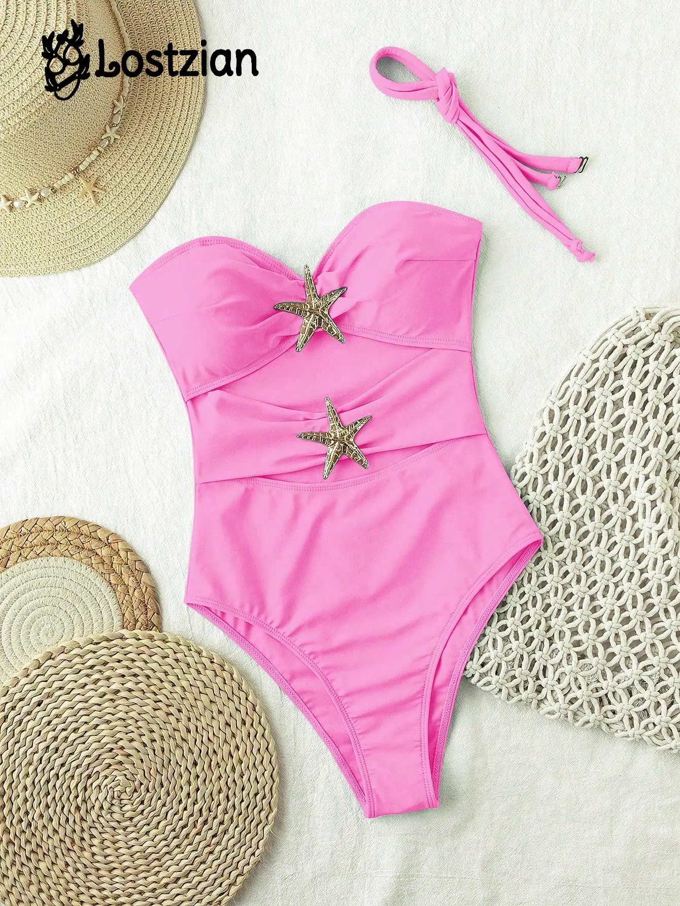 

Pink One Piece Swimsuit With Starfish Decor High Waist Hollow Out Beach Swimwear