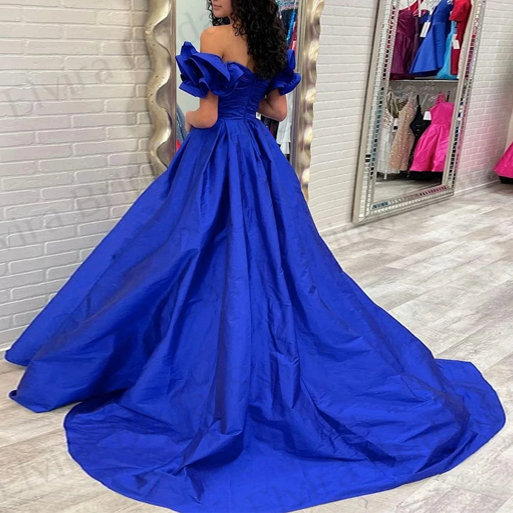 Customized Classic es A-Line Evening Dresses Women Royal Blue with Off The Shoulder Court Train Backless Sweetheart Long Party G