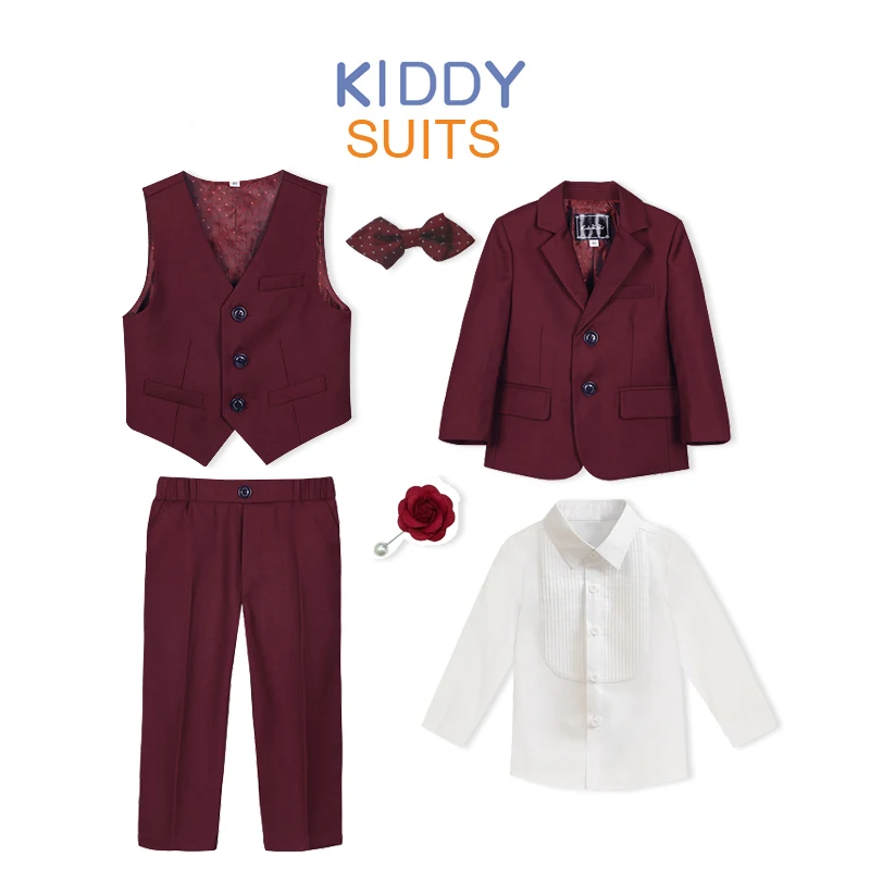 

Boys Wine Red Formal Tuxedo Suit Set with Blazer Jacket Vest Pants And Bowtie 4PCS Kids Wedding Dress Costume for Children Party