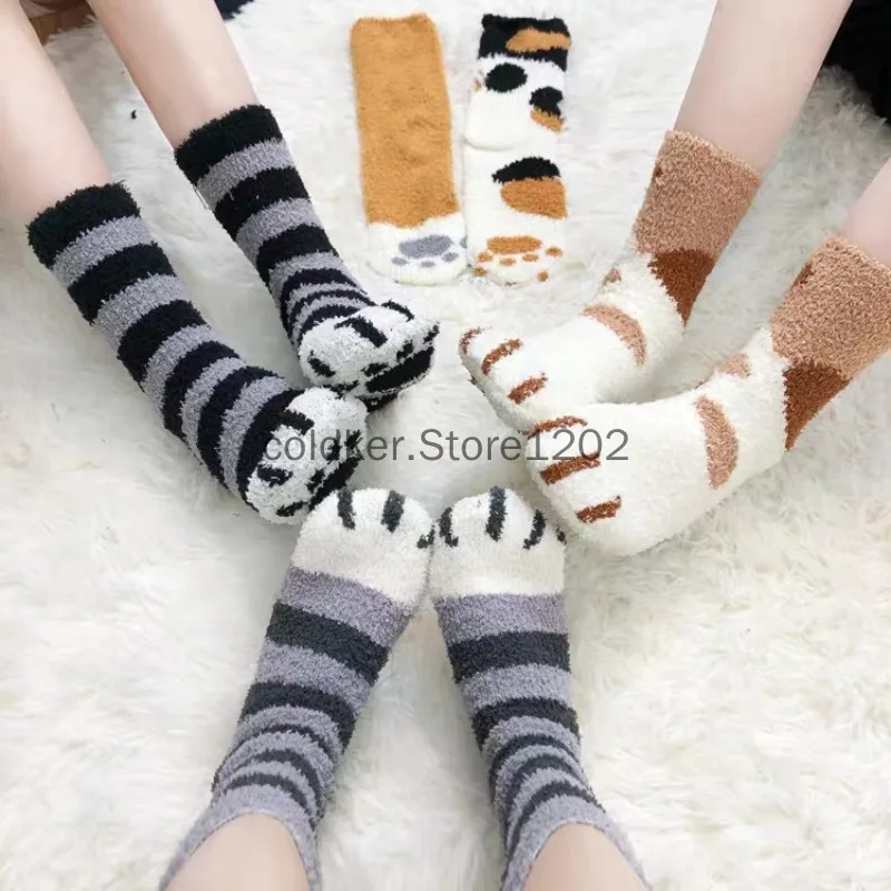 Funny Cute Style Animal Cat Paw Cartoon Pattern Women Winter Socks Female Thick Coral Fleece Home Floor Sleep Socks