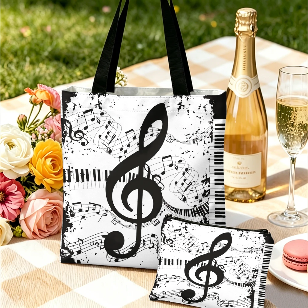 Musical Notes Tote Bag White Black Treble Clef Shoulder Bags And Cosmetic Bag Combination For Events And Daily Use Storage Pouch