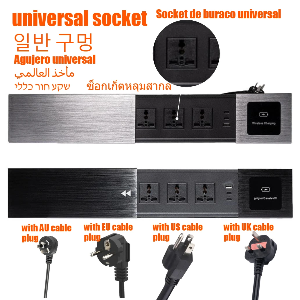 Universal Built-in Table Socket Slide Cover with USB Type-c Recessed Desktop Electrical Socket EU UK AU US Plug Wireless Charger