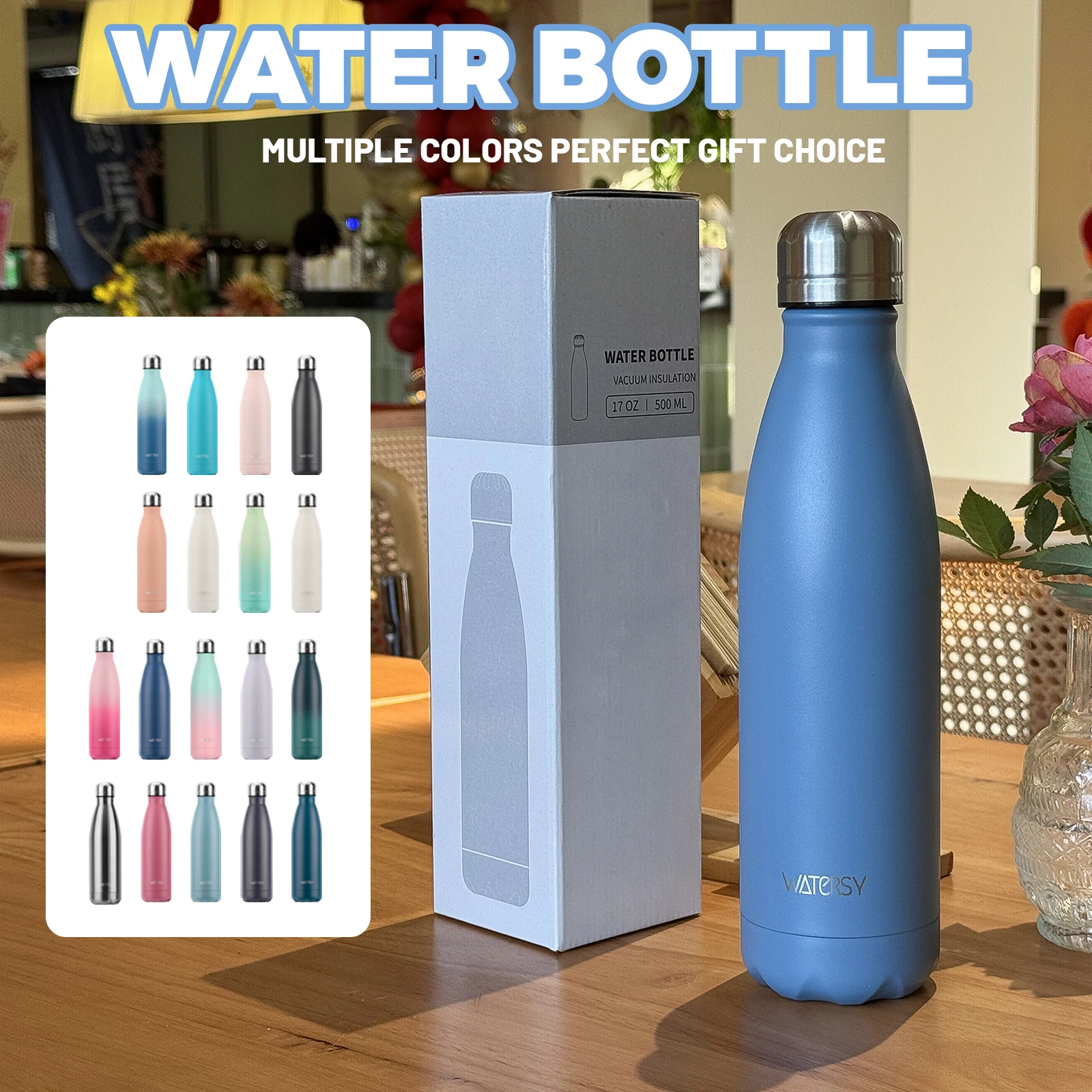 WATERSY Flacon sous vide en acier inoxydable de 500 ml, tasse thermos isolée pour café et eau, bouteille thermique à double paroi pour le sport