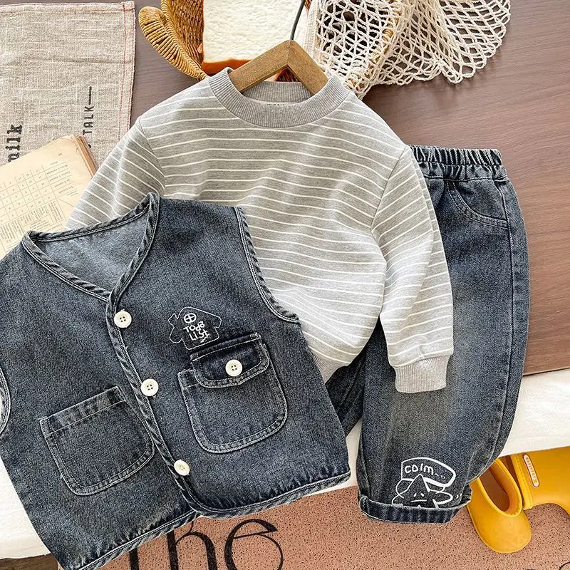 Boys Spring Autumn Denim Vest T-shirt Pants 3 Piece Set Kids Fashion Casual Three Piece Outfit Toddler Children Clothing