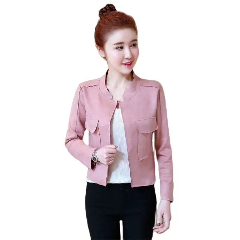 

Women's Coat Tops Spring Autumn Deerskin Jacket Stand Collar Pocket Cardigan Jackets Korean version fashion Outerwear Female