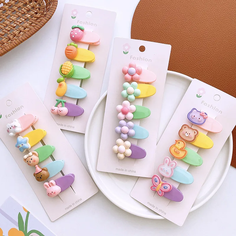 5Pcs Candy Color Barrettes Cute Glossy Flowers Cartoon Animal Hairpin Side Clips Children's Girl Hair Accessories Youth Bang