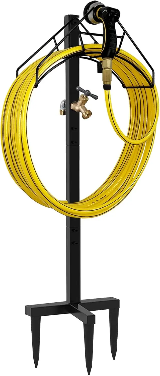 

Heavy Duty Free Standing Garden Hose Holder with Brass Faucet, Metal Reel Stake Rack for Backyard Storage, Black