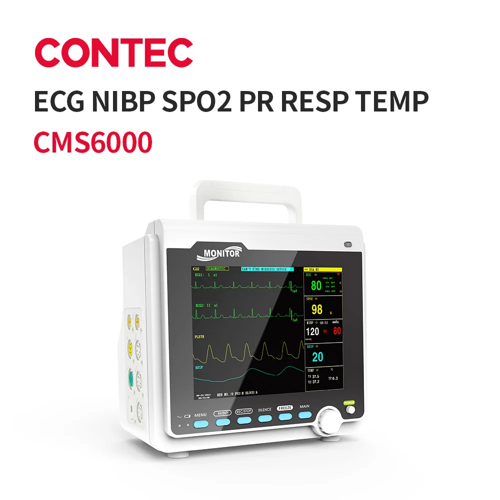 CONTEC Capnograph Etco2 CMS6000 Monitor de paciente con múltiples parámetros, Monitor de signos vitales de 8 pulgadas con IBP e impresora