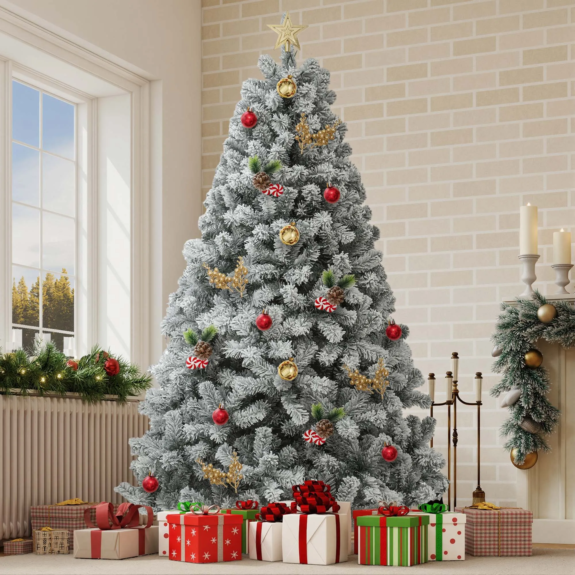 YITAHOME 6 piedi (182xΦ95 cm) Albero di Natale artificiale floccato con neve 880 punte Telaio e supporto pieghevoli in metallo