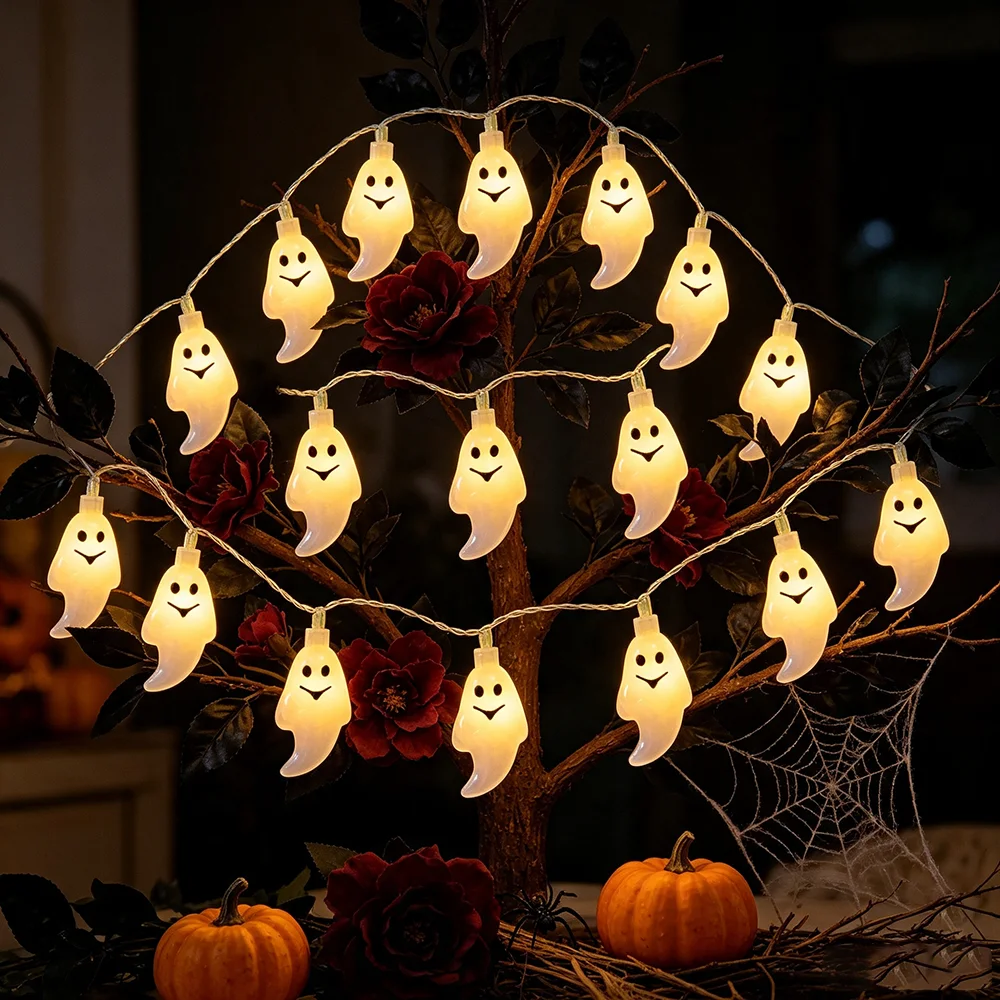 1/2/3Sets White Smiling Ghost Shaped Light String Used for Halloween Day of The Dead Indoor Courtyard Tree Branch Tabletop Decor