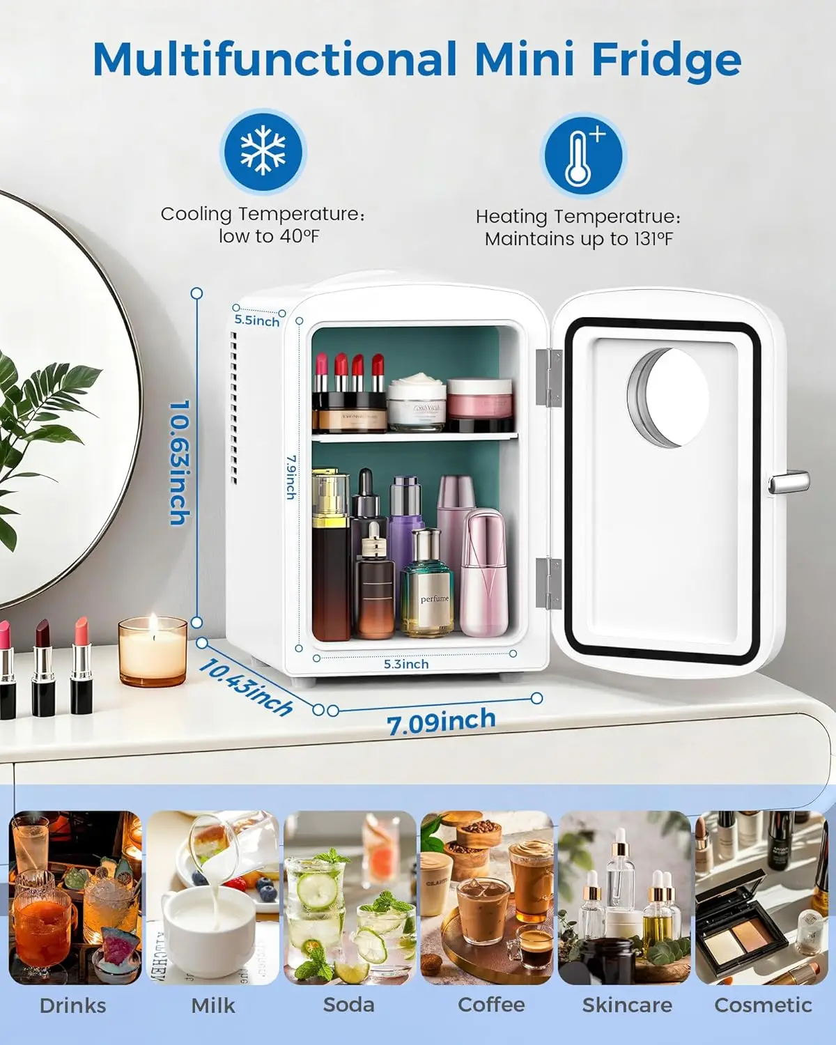 Mini Fridge for Bedroom, 4L Small Cosmetic Fridge with Observation Window, Portable Cooler Warmer for Skincare, Drinks