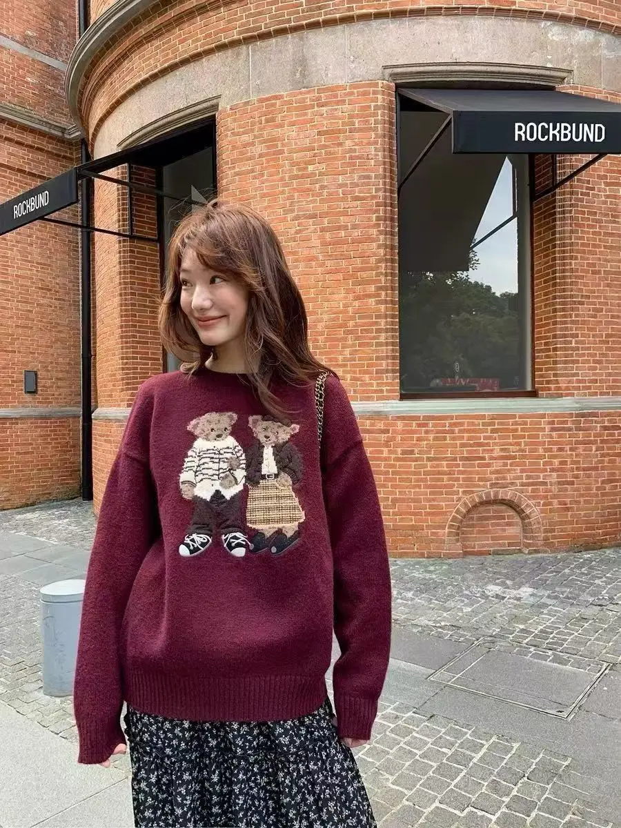 Harajuku Cartoon Bear Jacquard Knitted Sweater Women Pullover Autumn Winter Oversize Sweater Casual Sweet Korean Kawaii Jumpers