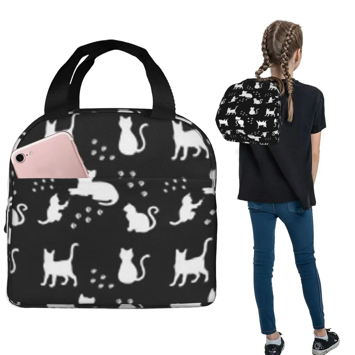 

Cute Cats White Silhouette Insulated Lunch Bag for Women Kids Portable Food Boxes Thermal Lunch Box Tote