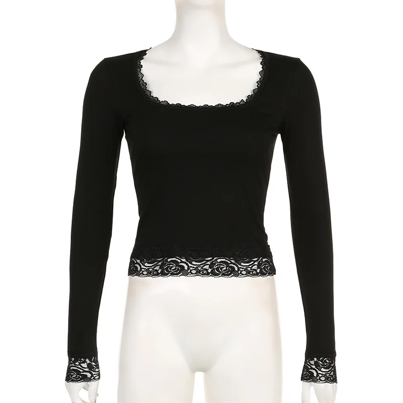 Chic Lace Vintage Crop Tops Y2K Square Collar Long Sleeves Slim Tshirts Korean Fashion Black Casual Women Clothes T-shirts Tee