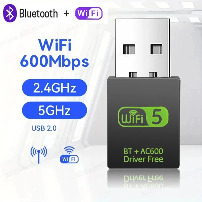 

2in1 USB WiFi Bluetooth Wireless Adapter 600Mbps Dongle Dual Band 2.4G+5GHz High-Speed Network Card 150M Receiver for PC Laptop