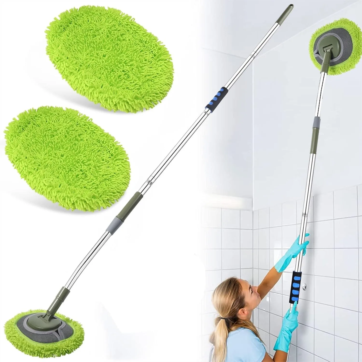 66'' Wall Mop with Long Handle, Ceiling Dust Mop with 15° Elbow Extension Pole, Baseboard Duster Washer Scrubber, High Reach