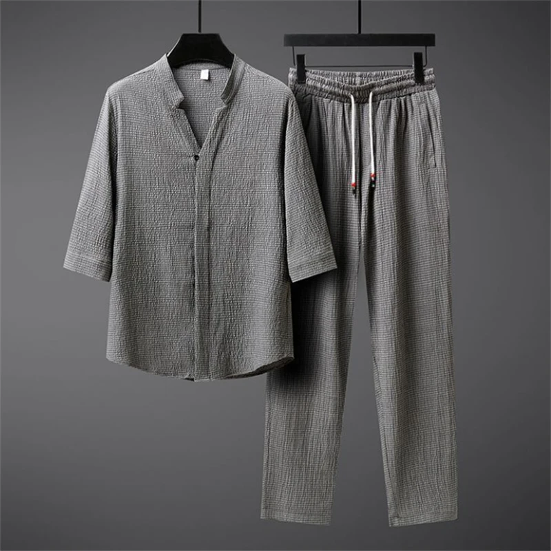 Ice Silk Linen Men\'s Set Spring Summer 2024 Loose Pullover Tops and Elastic Waist Trousers Sport Suits Men Two Piece Sets