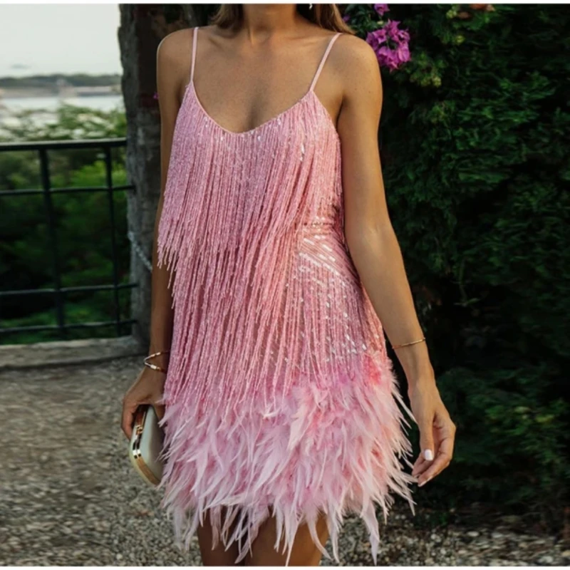 Dress Fashion Tassel Sequin Feather Splice 2024 Multi Color Birthday Party Sexy V-neck Sling Dress