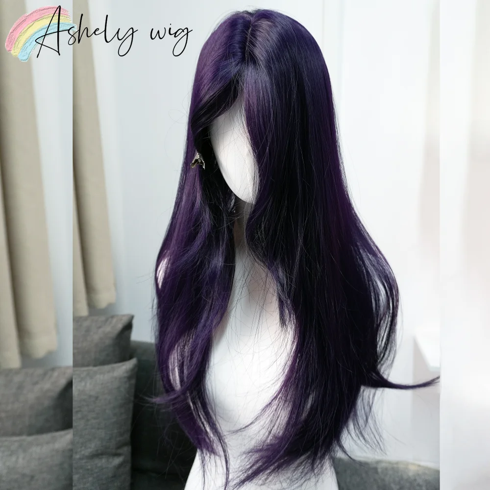 Ashely Wig with Curtain Bangs 26inch Dark Purple Wigs Lolita Long Layered Straight Lace Wig for Daily Use Deguisement Femmes image 5