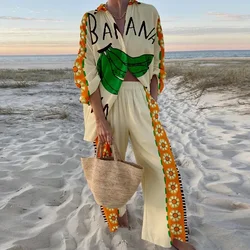 Women Button Long Sleeve Shirt Tops Waist Pants Set Banana Fashionable Two Piece Casual Hawaii Beach Vocation Suit Skirt Sets