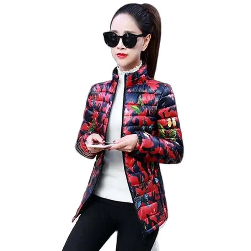 

New Down Cotton-Padded Jacket Korean Version Slim Flower Light Thin Mom Winter Coat Middle-Aged And Elderly Printing Outerwear