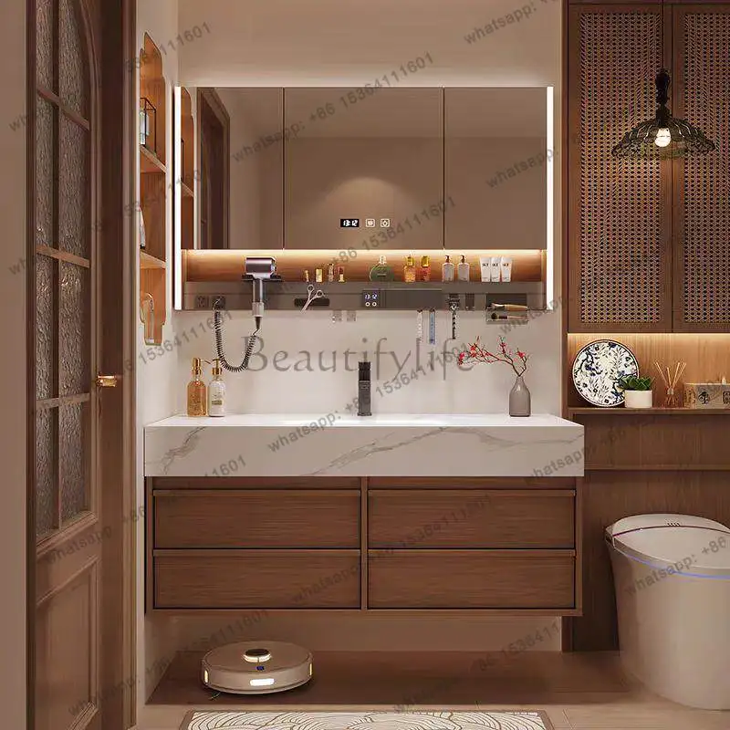 Medieval oak bathroom cabinet combination rock slab hot bending integrated basin hand washing cabinet