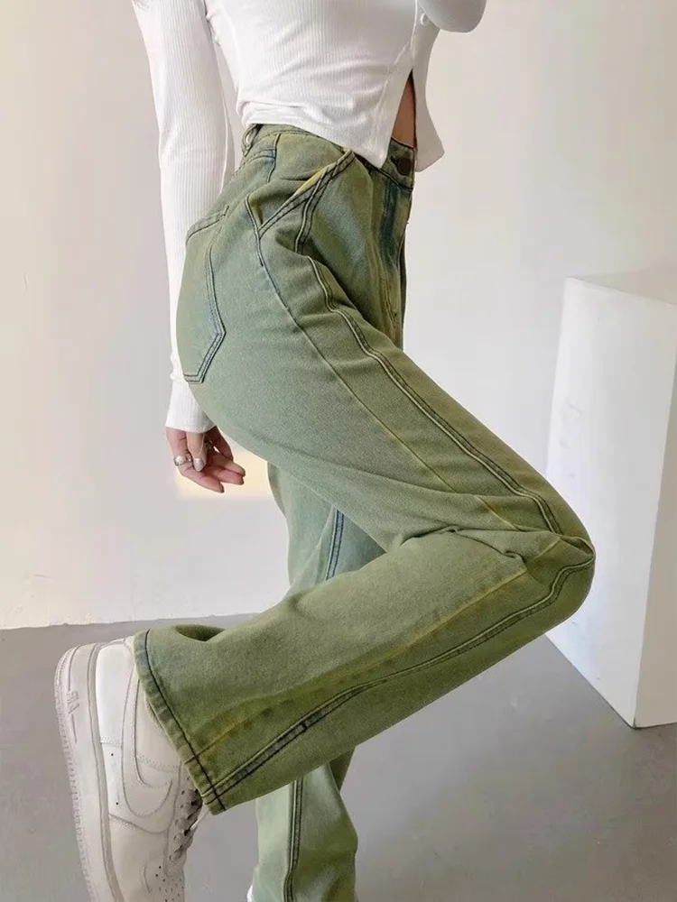 Harajuku Streetwear Retro Fashion Women High Waist Jeans Green 2024 Loose Wide Leg Straight Loose Denim Trousers Y2K Baggy Pants