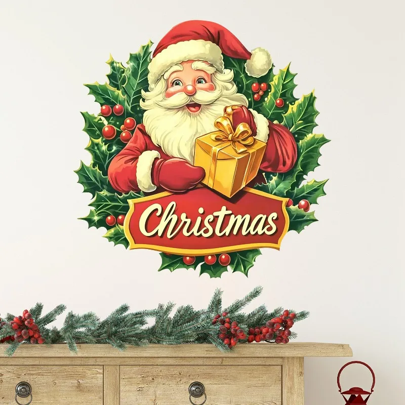 Santa Claus Wreath Bell Wall Stickers Living Room Door Home Decoration Mural Glass Windows New Year Decor Self-adhesive Decals