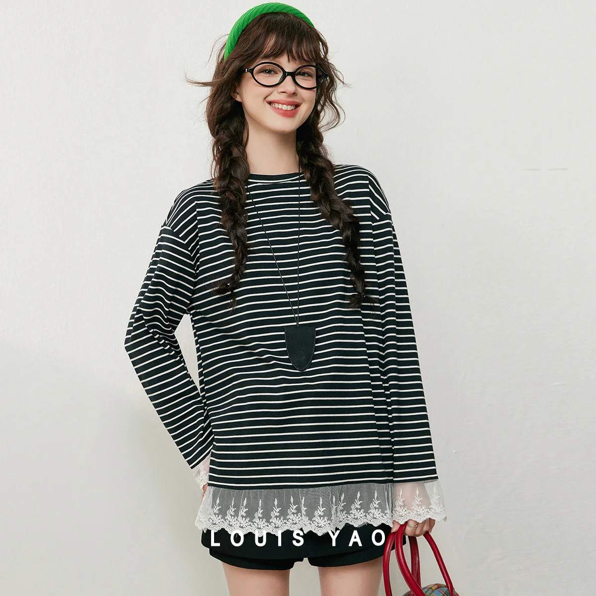 

LOUIS YAO Contrast Colors Women's T-Shirts 2025 Autumn Striped Lace Long Sleeve Tees Slightly Stretchy Round Neck Casual Tops
