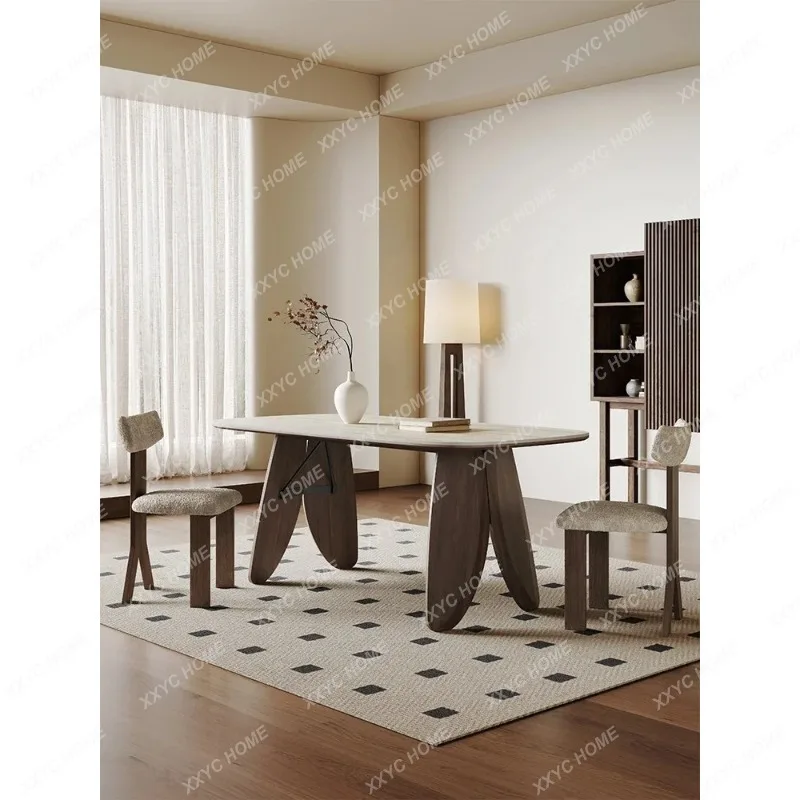 XXTravertine rock slab dining table and chairs high-end  style modern simple rectangular walnut solid
