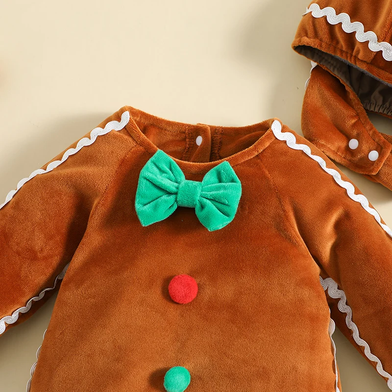 Toddler Baby Gingerbread Man Rompers Casual Long Sleeve Footed Jumpsuit and Cute Hat for Newborn Girl Boy